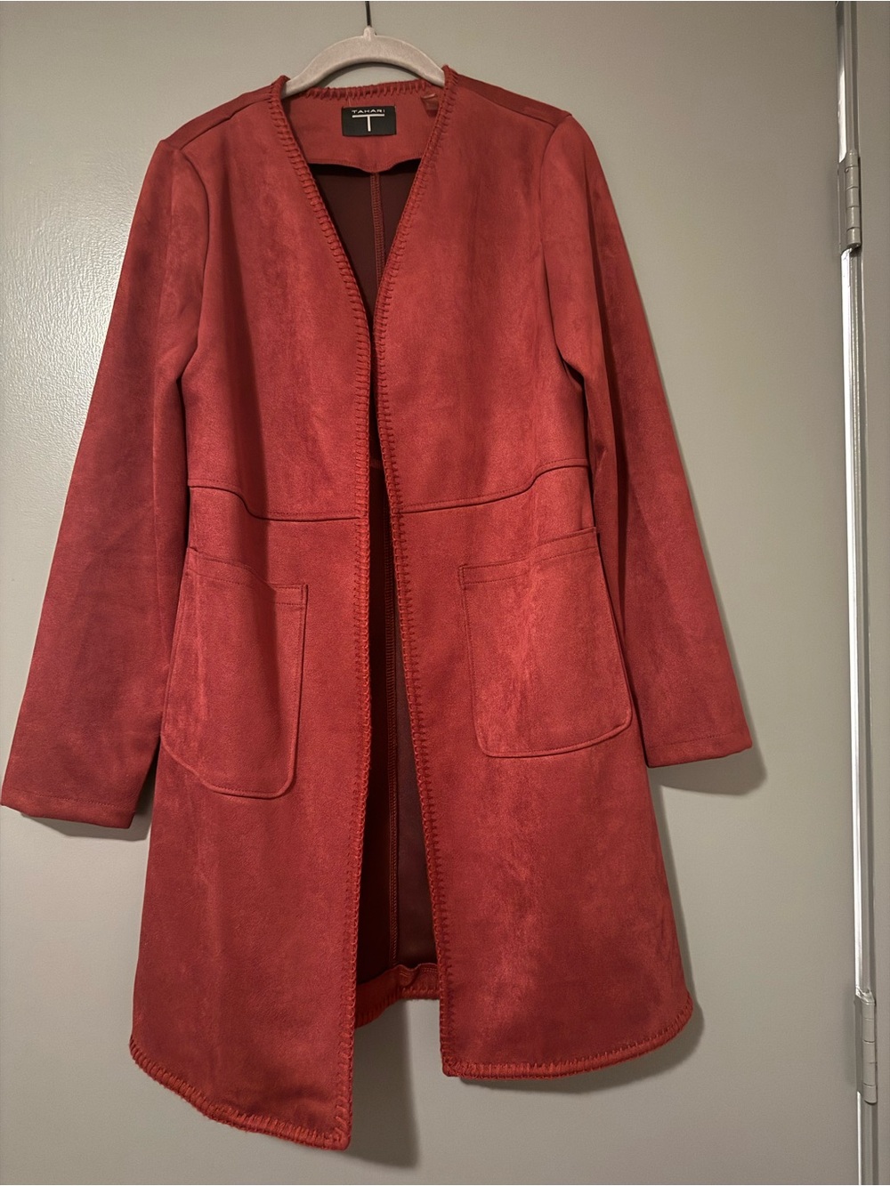 Tahari Coral-Red Open-Front Suede-Look Trench Coat